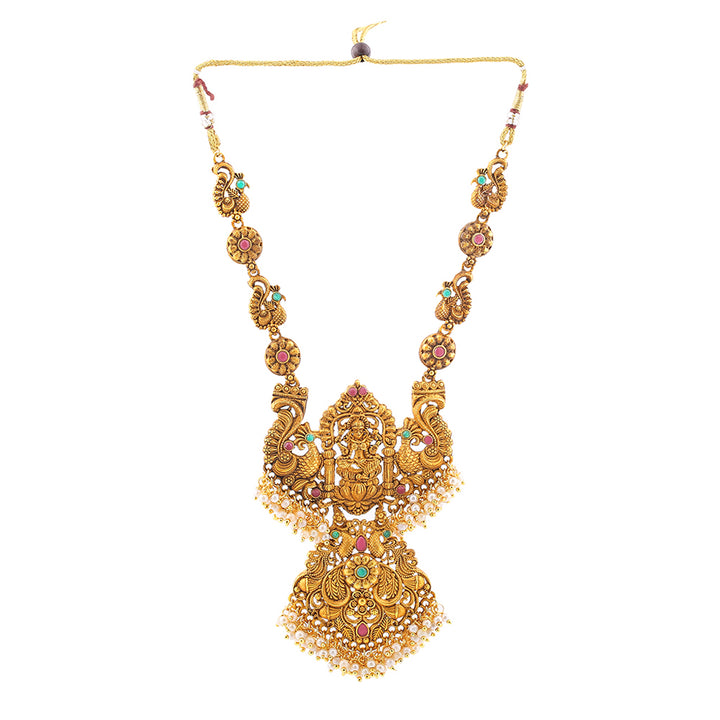 Estele Gold Plated Auspicious Temple Styled Bridal Necklace Set Combo with Color Stones & Pearls for Women