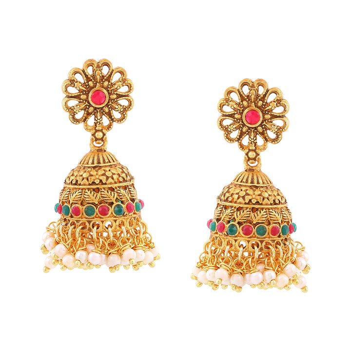Estele Gold Plated Auspicious Temple Styled Bridal Necklace Set Combo with Color Stones & Pearls for Women