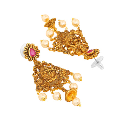 Estele Gold Plated Sacred Laxmi Ji Bridal Necklace Set Combo with Color Stones & Pearls for Women