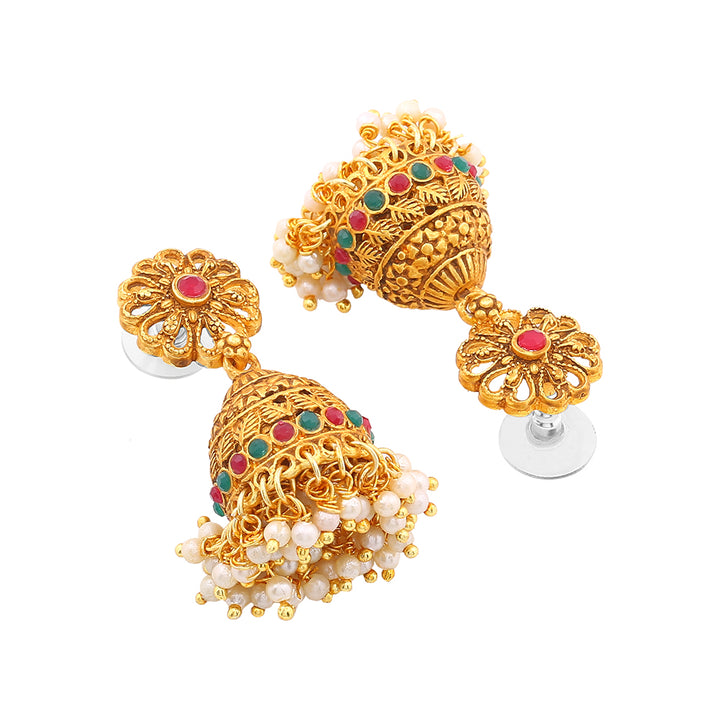 Estele Gold Plated Auspicious Temple Styled Bridal Necklace Set Combo with Color Stones & Pearls for Women