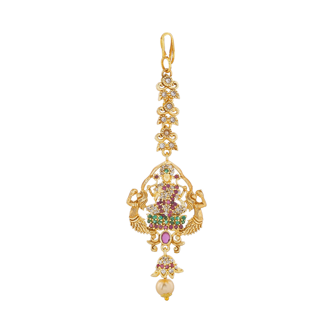 Estele Gold Plated CZ Shining Laxmi Ji Designer Bridal Necklace Set Combo with Color Stones & Pearls