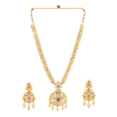 Estele Gold Plated CZ Enchanting Bridal Necklace Set with Pearl & Multi Color Stones for Women