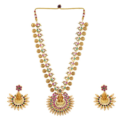 Estele Gold Plated CZ Holy Laxmi Ji with Coins Designer Bridal Necklace Set Combo with Color Stones & Pearls for Women