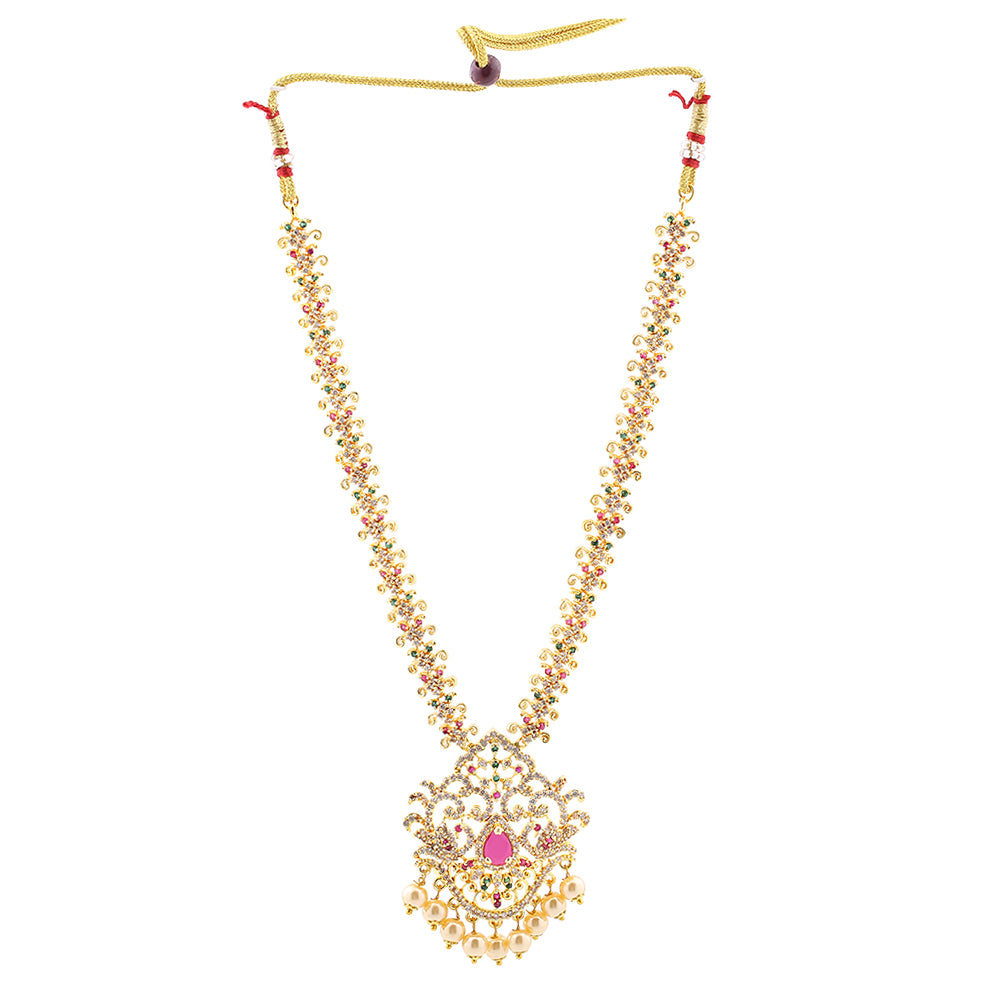 Estele Gold Plated CZ Mayuri Designer Bridal Necklace Set Combo with Color Stones & Pearls for Women
