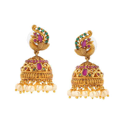Estele Gold Plated CZ Beautiful Peacock Designer Earrings with Pearls for Women