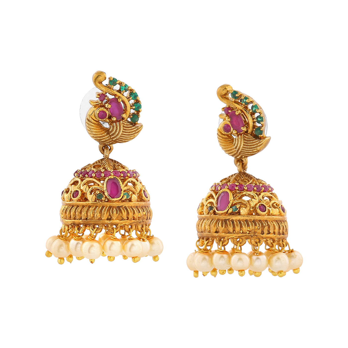 Estele Gold Plated CZ Beautiful Peacock Designer Earrings with Pearls for Women