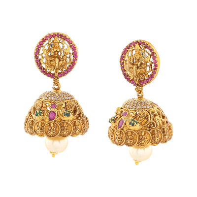 Estele Gold Plated CZ Goddess Lakshmi Devi Designer Jhumki Earrings with Pearls for Women