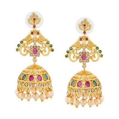 Estele Gold Plated CZ Fascinating Flower Designer Jhumka Earrings with Pearls for Women