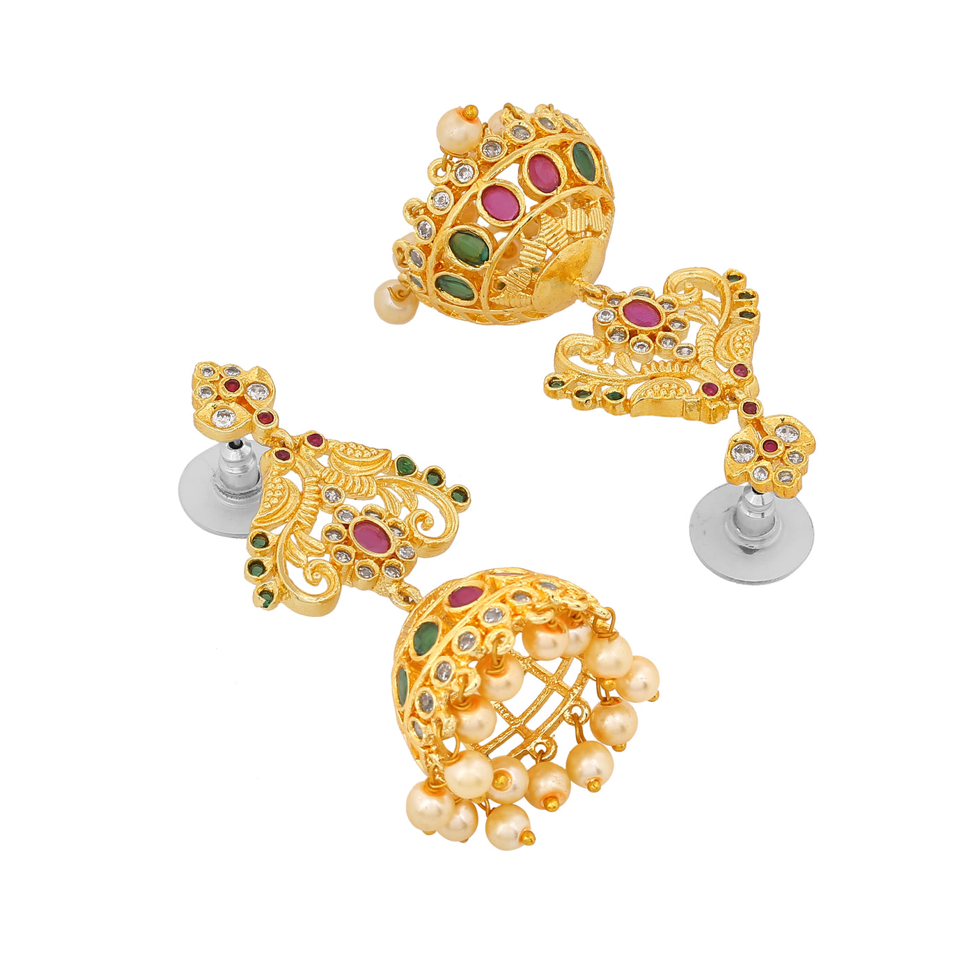 Estele Gold Plated CZ Fascinating Flower Designer Jhumka Earrings with Pearls for Women