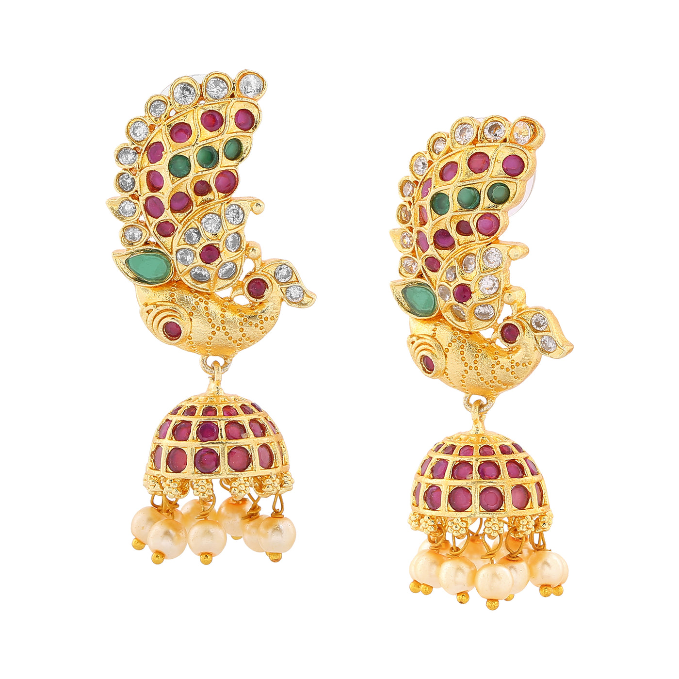 Estele Gold Plated CZ Peacock Designer Jhumki Earrings with Pearls & Colored Stones for Women