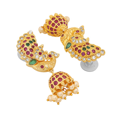 Estele Gold Plated CZ Peacock Designer Jhumki Earrings with Pearls & Colored Stones for Women