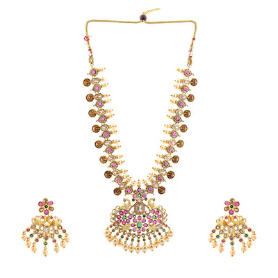 Estele Gold Plated CZ Peacock with Coins Designer Bridal Necklace set Combo with color stones & Pearls for Women