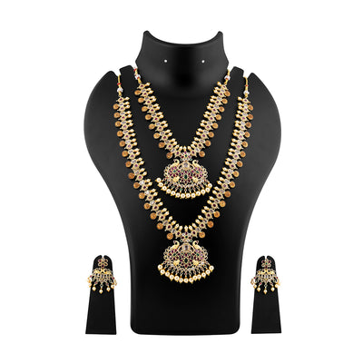 Estele Gold Plated CZ Peacock with Coins Designer Bridal Necklace set Combo with color stones & Pearls for Women