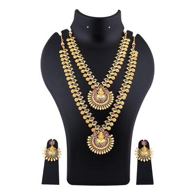 Estele Gold Plated CZ Holy Laxmi Ji with Coins Designer Bridal Necklace Set Combo with Color Stones & Pearls for Women