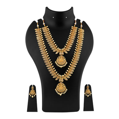 Estele Gold Plated CZ Laxmi Ji with Paisley Motifs Bridal Necklace Set Combo with color stones & Pearls