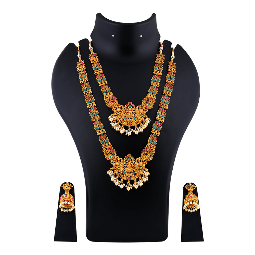 Estele Gold Plated Divine Laxmi Ji with Peacocks Bridal Necklace Set Combo with Color Stones & Pearls for Women