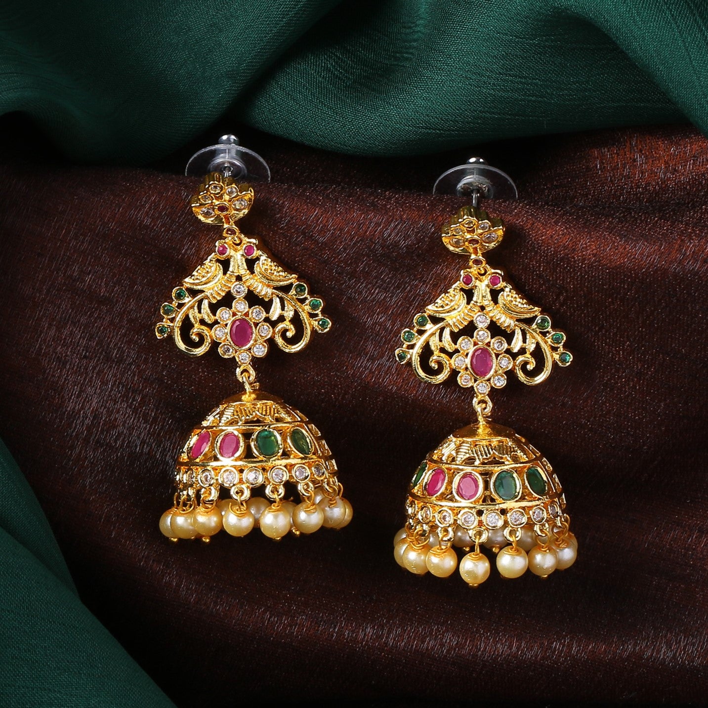 Gold Plated CZ Fascinating Flower Designer Jhumka Earrings with Pearls ...