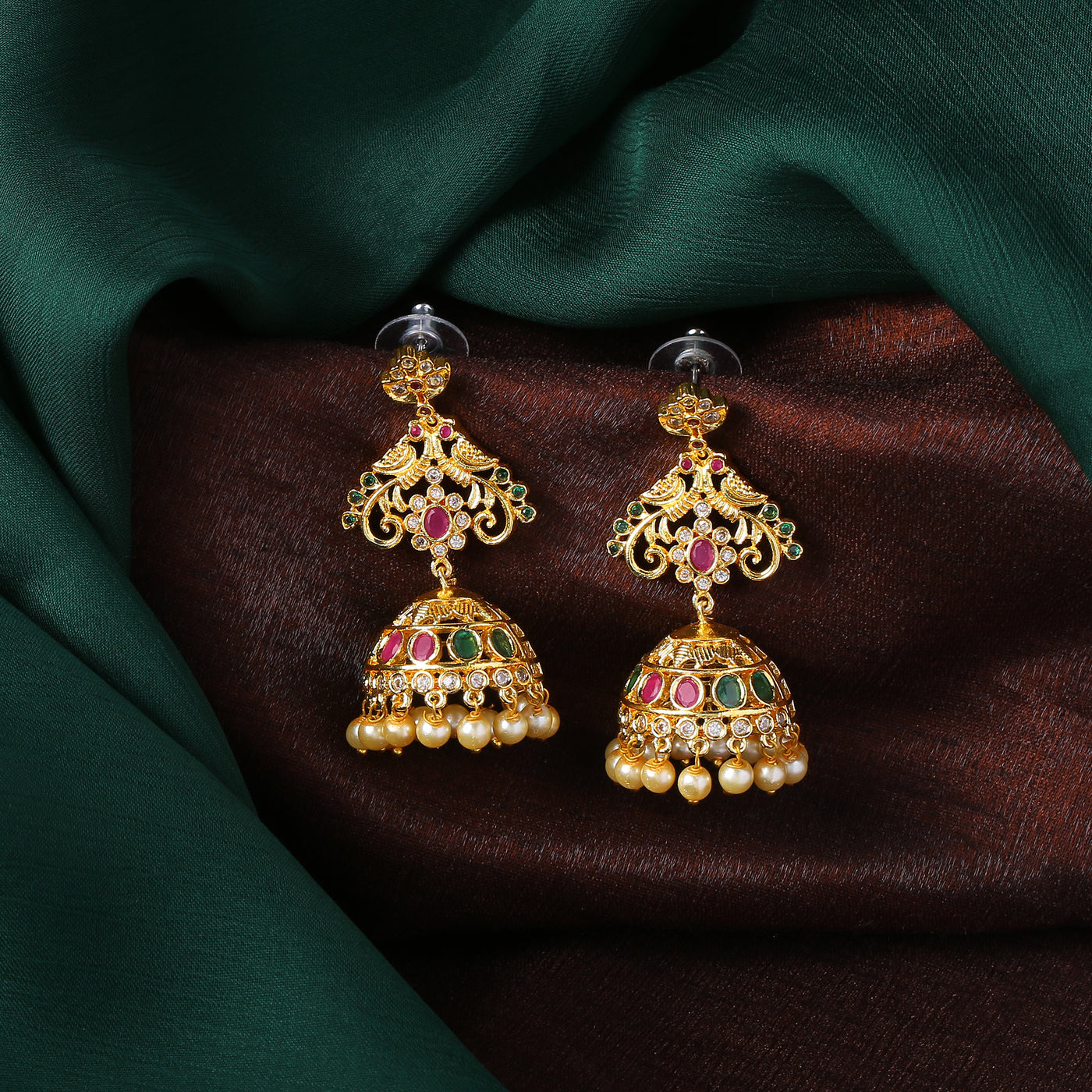 Estele Gold Plated CZ Fascinating Flower Designer Jhumka Earrings with Pearls for Women