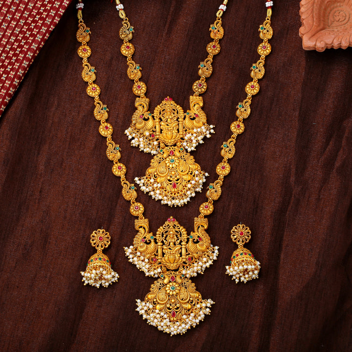 Estele Gold Plated Auspicious Temple Styled Bridal Necklace Set Combo with Color Stones & Pearls for Women