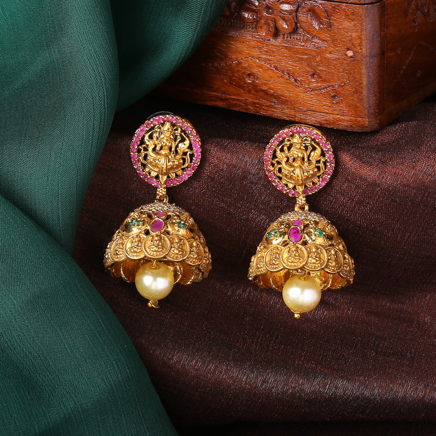 Beautiful one gram gold ear studs in lakshmi devi design