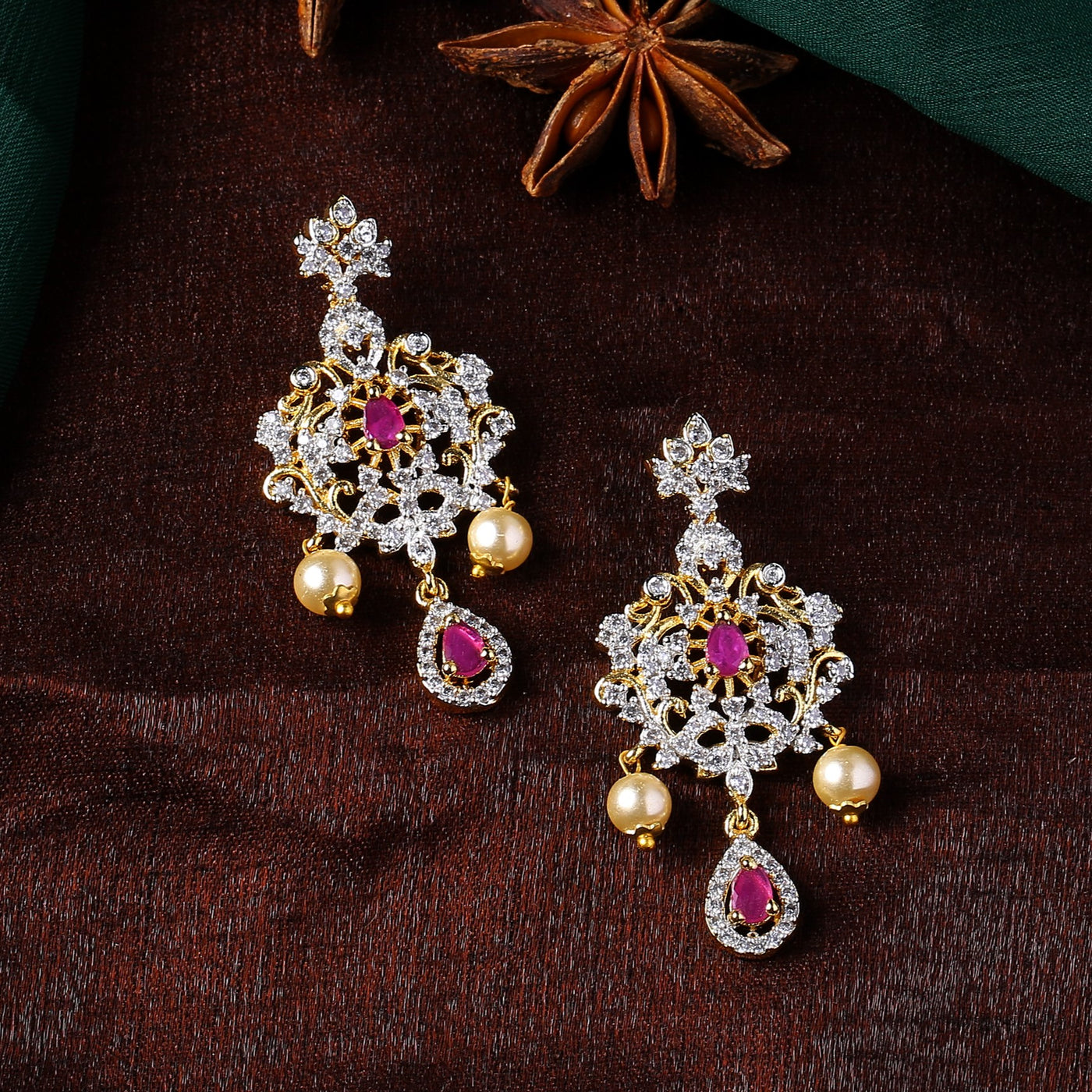 Estele Gold Plated CZ Charming Earrings with Pearls for Women