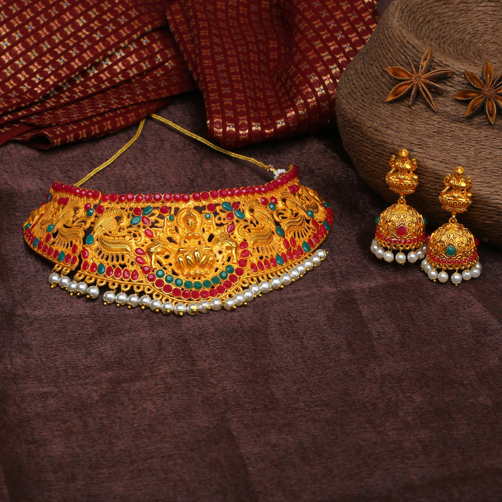 Estele Gold Plated Holy Temple Nakshi Style Bridal Choker Set with Color Stones & Pearls