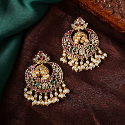 Estele Gold Plated CZ Scintillating Designer Earrings with Pearls for Women