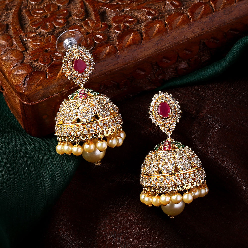 Gold Plated CZ Enchanting Designer Jhumka Earrings with Pearls