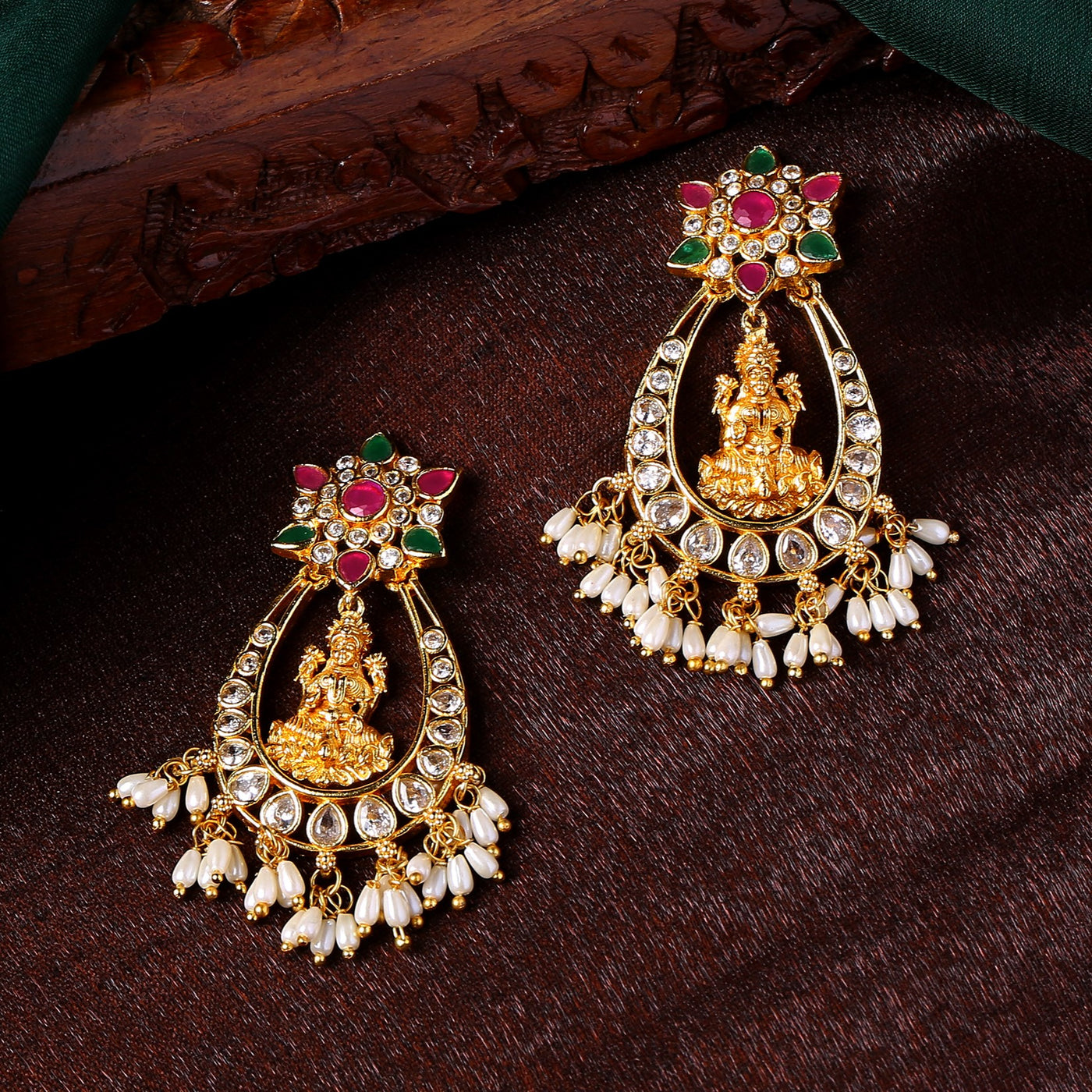 Estele Gold Plated CZ Lakshmi Devi Designer Earrings with Pearls for Women