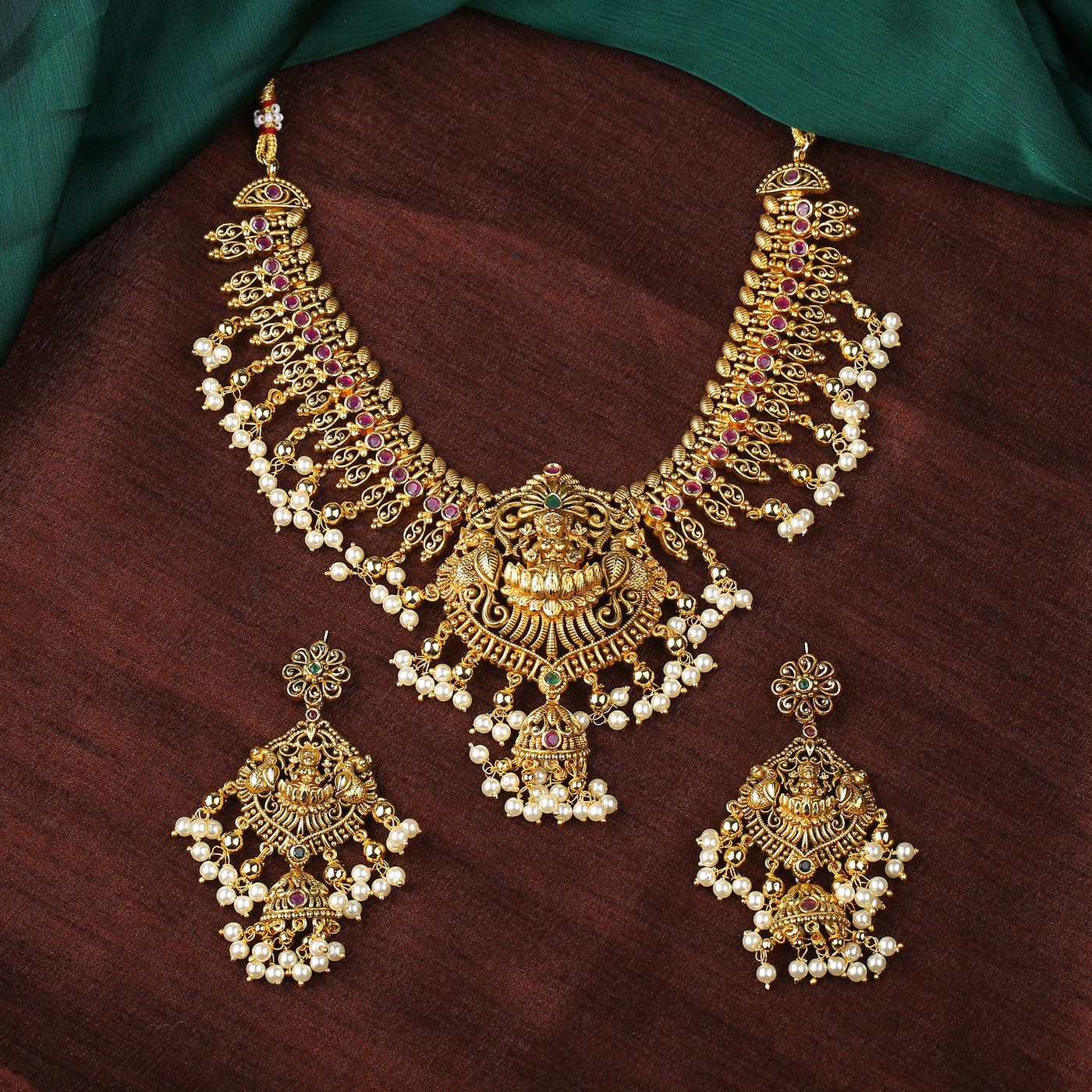 Estele Gold Plated Traditional Lakshmi Devi Designer Necklace Set with Pearls for Women