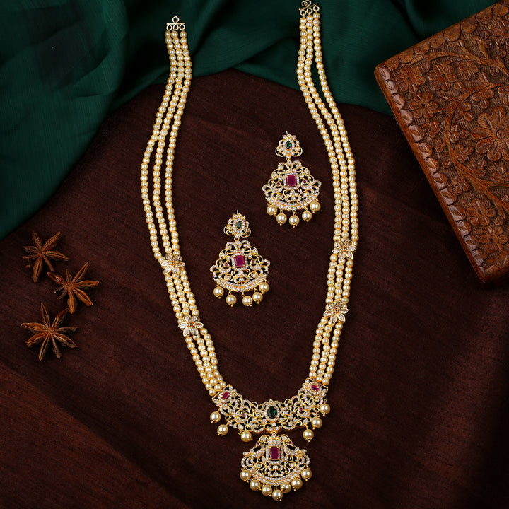 Estele Gold Plated CZ Majestic Moti Haar Necklace Set with Color Stones & Pearls for Women