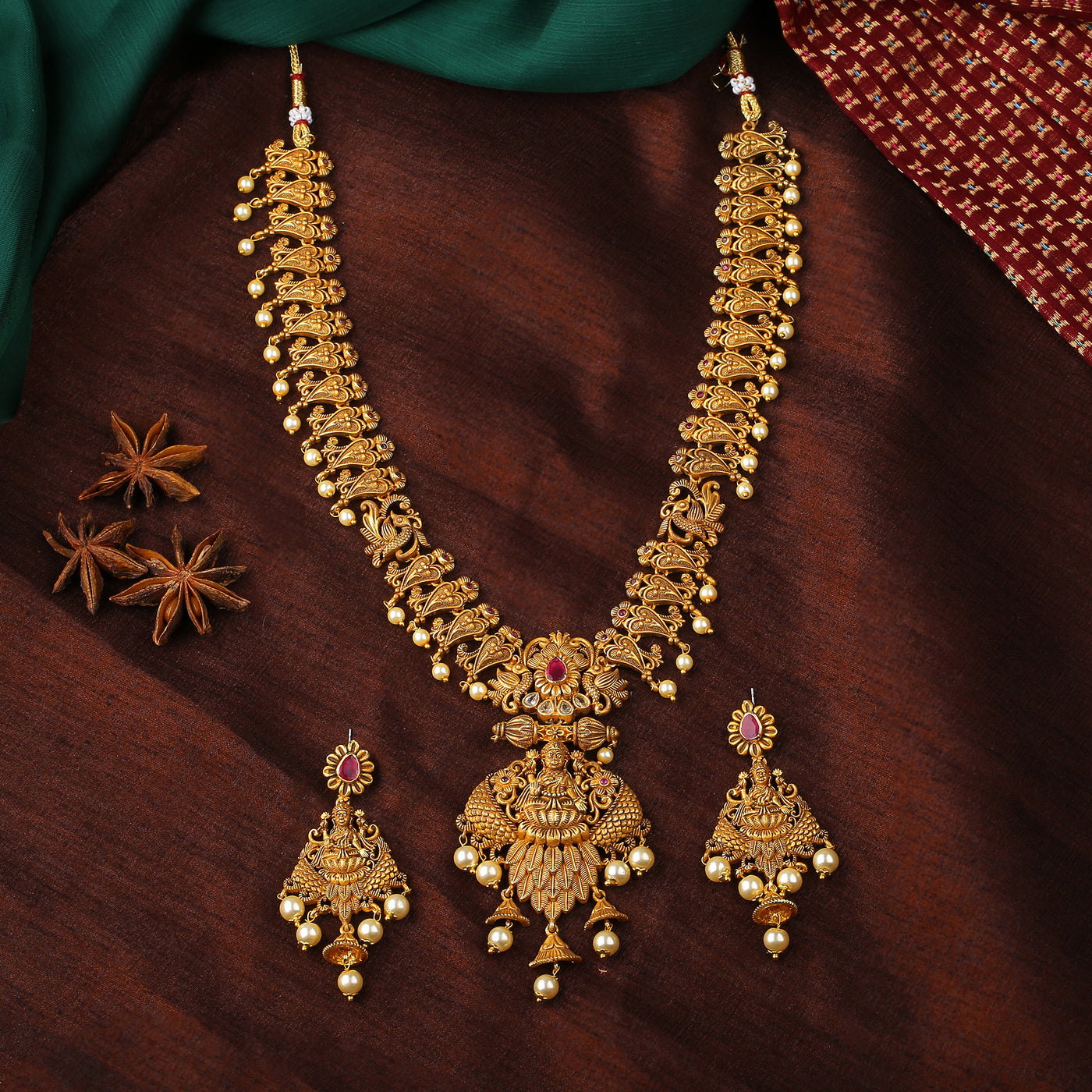 Estele Gold Plated Sacred Laxmi Ji Bridal Necklace Set Combo with Color Stones & Pearls for Women