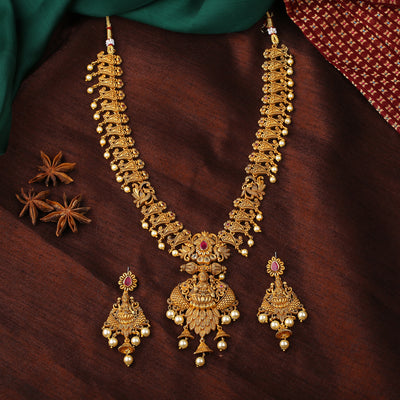 Estele Gold Plated CZ Traditional Laxmi Ji Designer Bridal Necklace Set with Pearls for Women