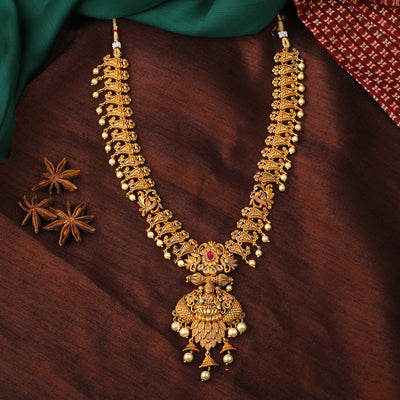 Estele Gold Plated CZ Traditional Laxmi Ji Designer Bridal Necklace Set with Pearls for Women