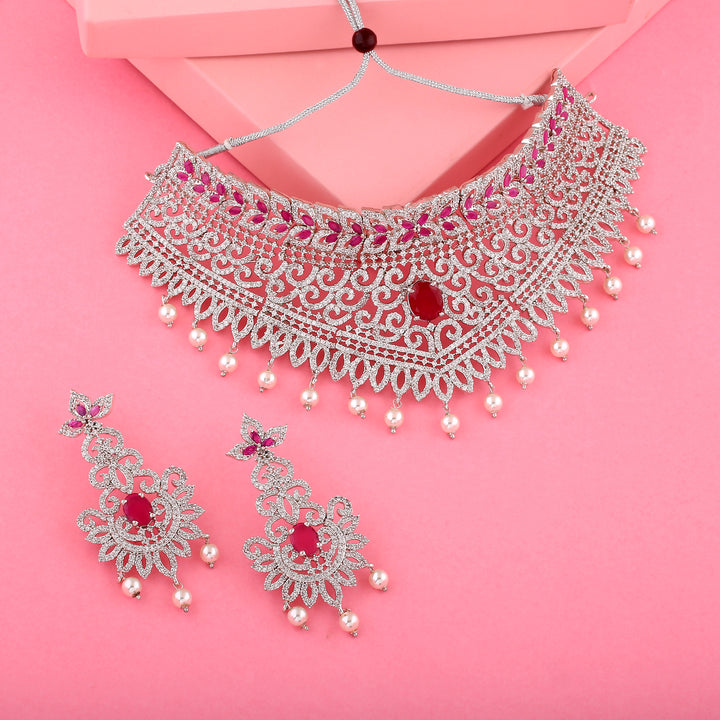 Estele Rhodium Plated CZ Dazzling Diva Choker Necklace Set for Women