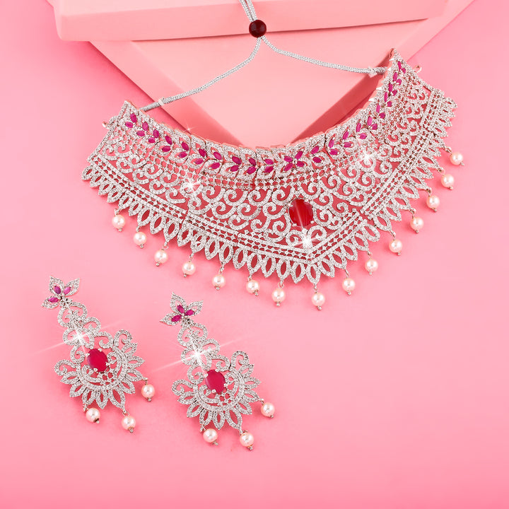 Estele Rhodium Plated CZ Dazzling Diva Choker Necklace Set for Women