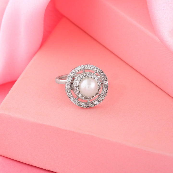 Estele Rhodium Plated CZ Adjustable Circular Ring with Pearl for Women