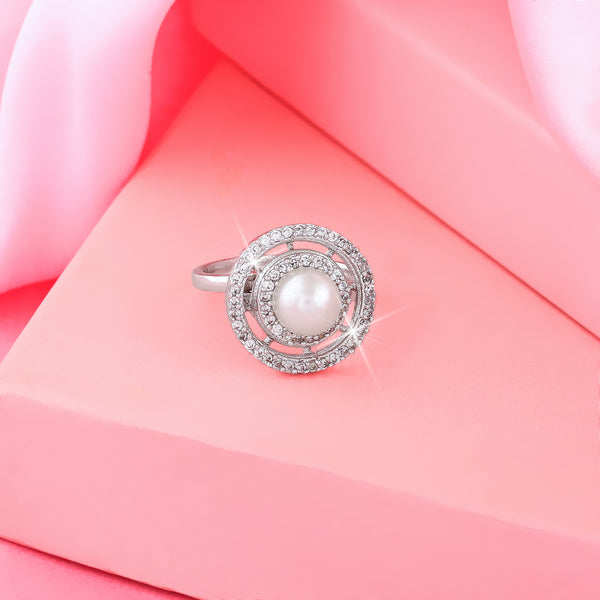 Estele Rhodium Plated CZ Circular Finger Ring with Pearl for Women(Adjustable)