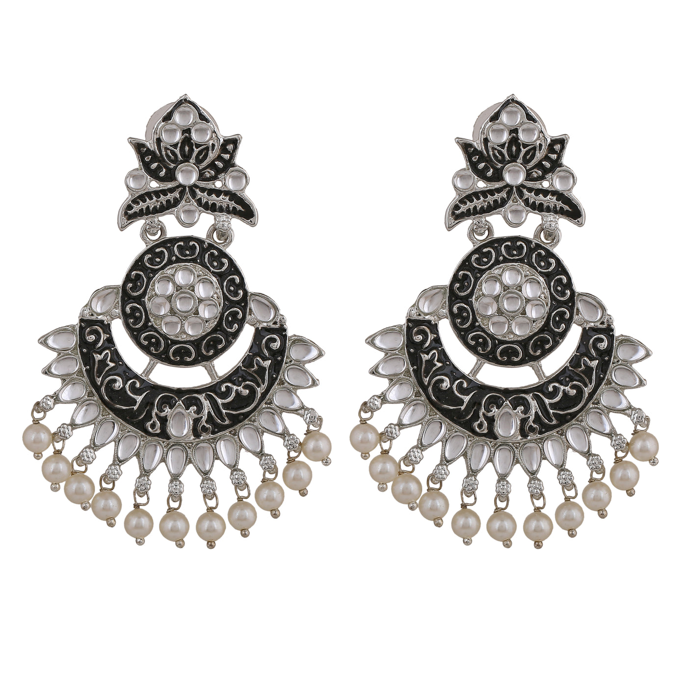Estele Rhodium Plated Glorious Traditional Black Meenakari Drop Earrings with Pearl for Women