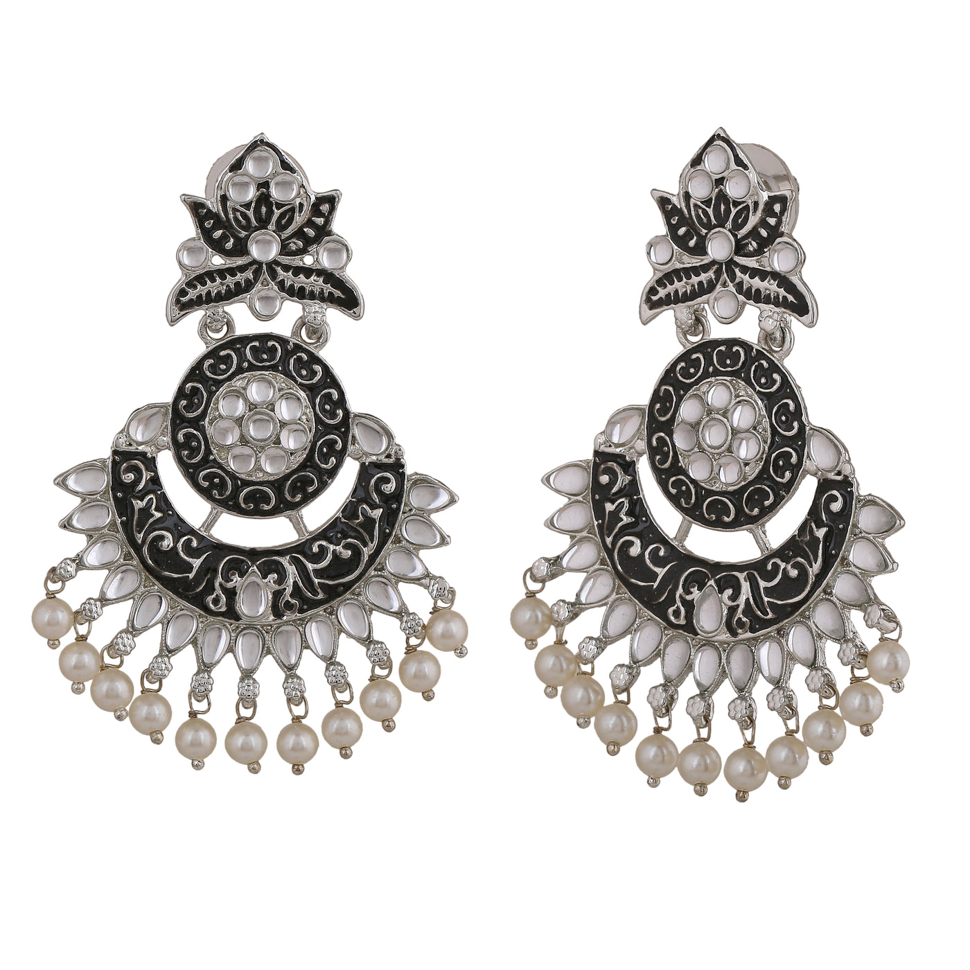 Estele Rhodium Plated Glorious Traditional Black Meenakari Drop Earrings with Pearl for Women