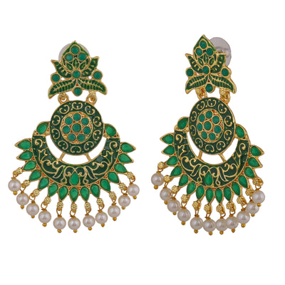 Estele Gold Plated Traditional Green Meenakari Drop Earrings with Pearl for Women