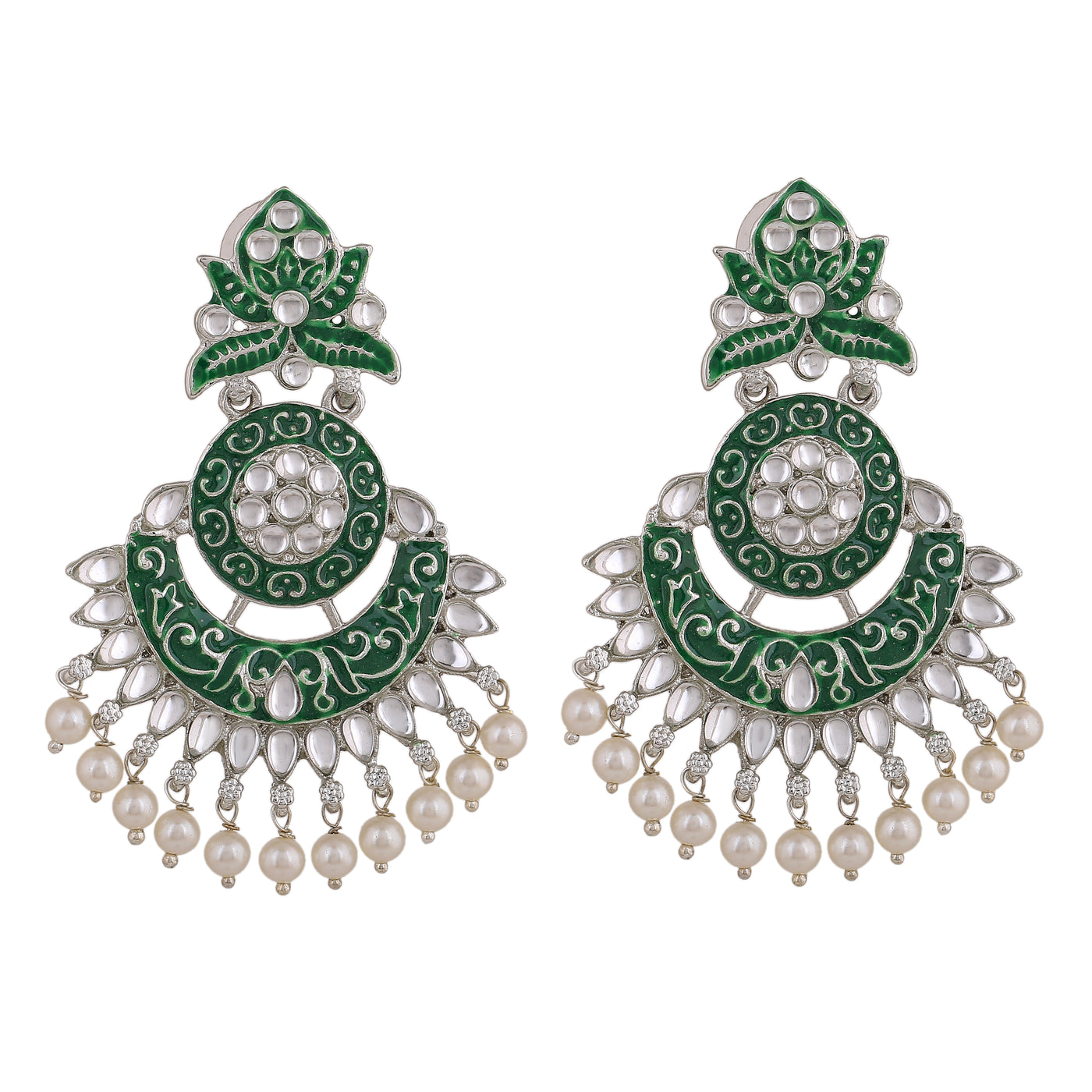 Estele Rhodium Plated Stunning Traditional Green meenakari Drop Earrings with Pearl for Women
