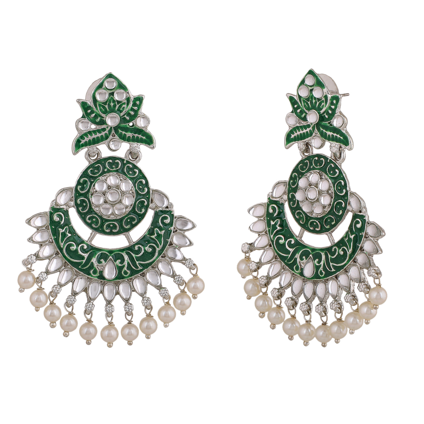 Estele Rhodium Plated Stunning Traditional Green meenakari Drop Earrings with Pearl for Women