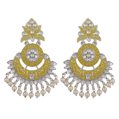 Estele Rhodium Plated Stylish Traditional Yellow Meenakari Drop Earrings with Pearl for Women