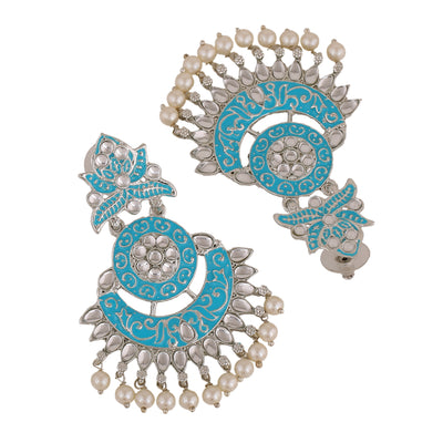 Estele Rhodium Plated Radiant Traditional Blue Meenakari Drop Earrings with Pearl for Women