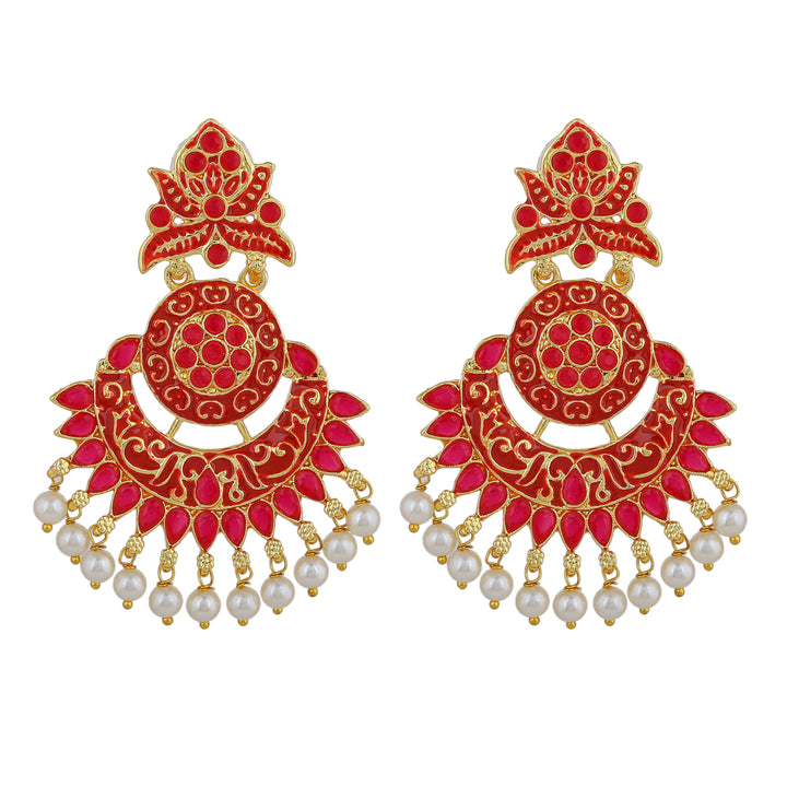 Estele Gold Plated Beautiful Traditional Red Meenakari Drop Earrings with Pearl for Women