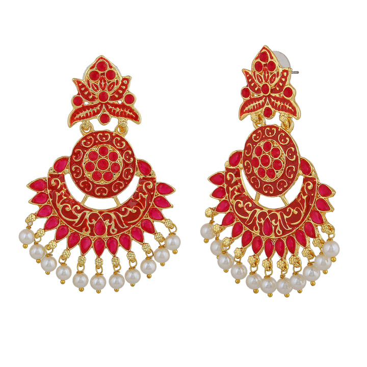 Estele Gold Plated Beautiful Traditional Red Meenakari Drop Earrings with Pearl for Women