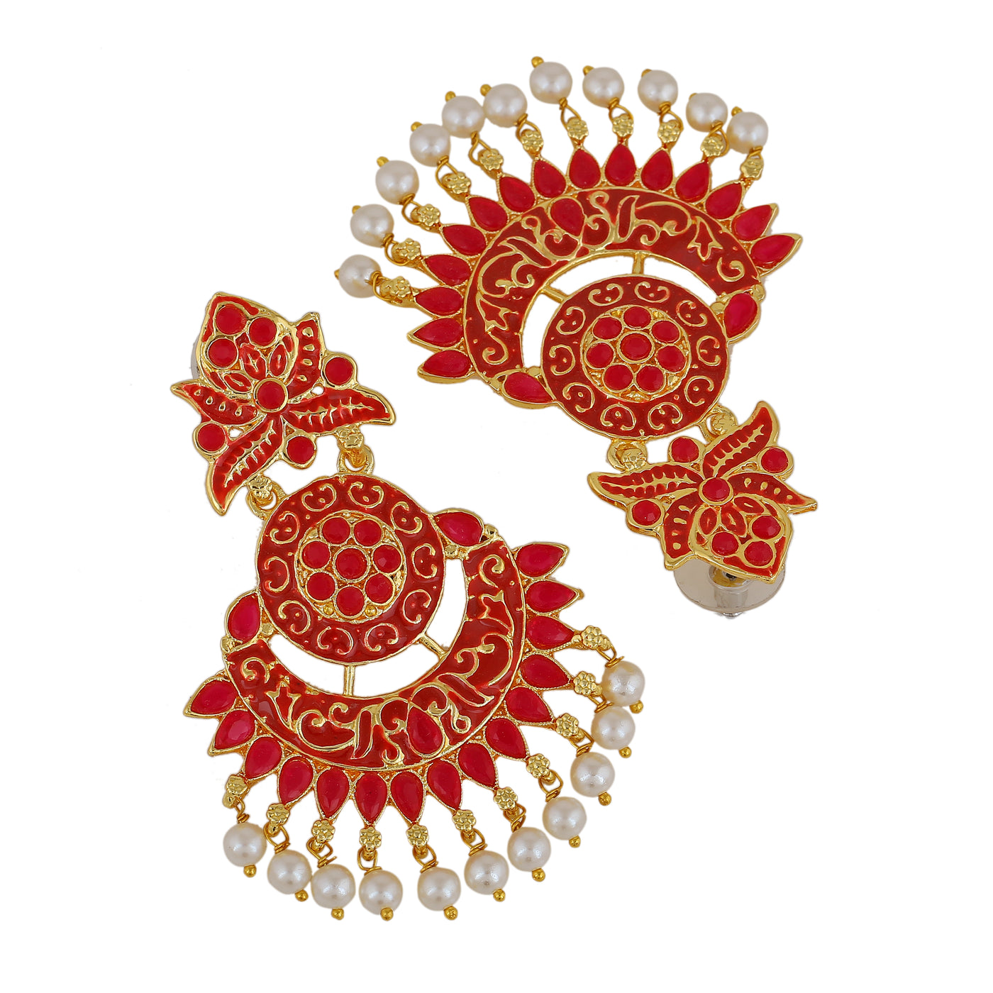Estele Gold Plated Beautiful Traditional Red Meenakari Drop Earrings with Pearl for Women