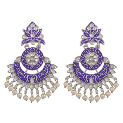 Estele Rhodium Plated Magnificent Traditional Violet Meenakari Drop Earrings with Pearl for Women