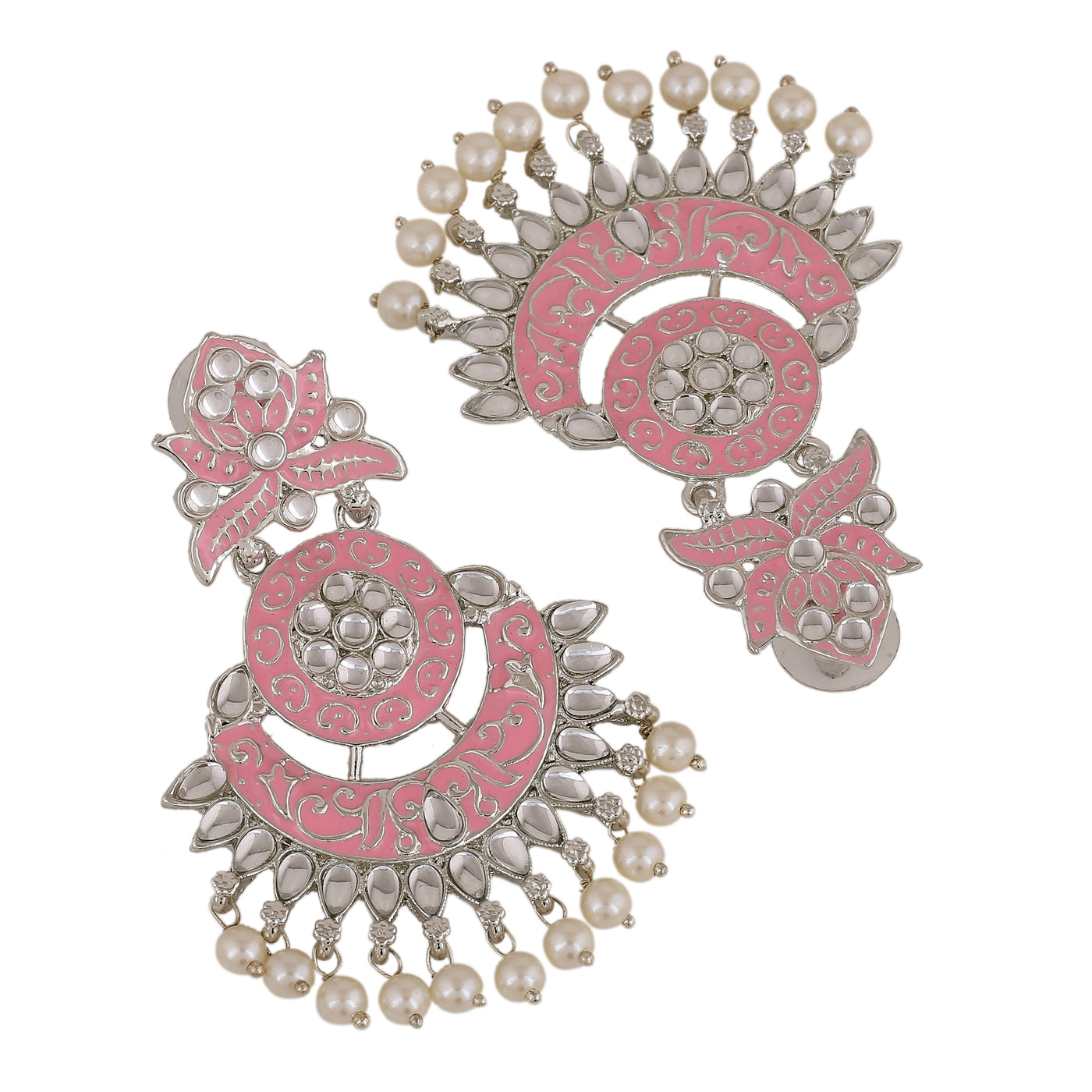 Estele Rhodium Plated Traditional Pink Meenakari Drop Earrings with Pearl for Women